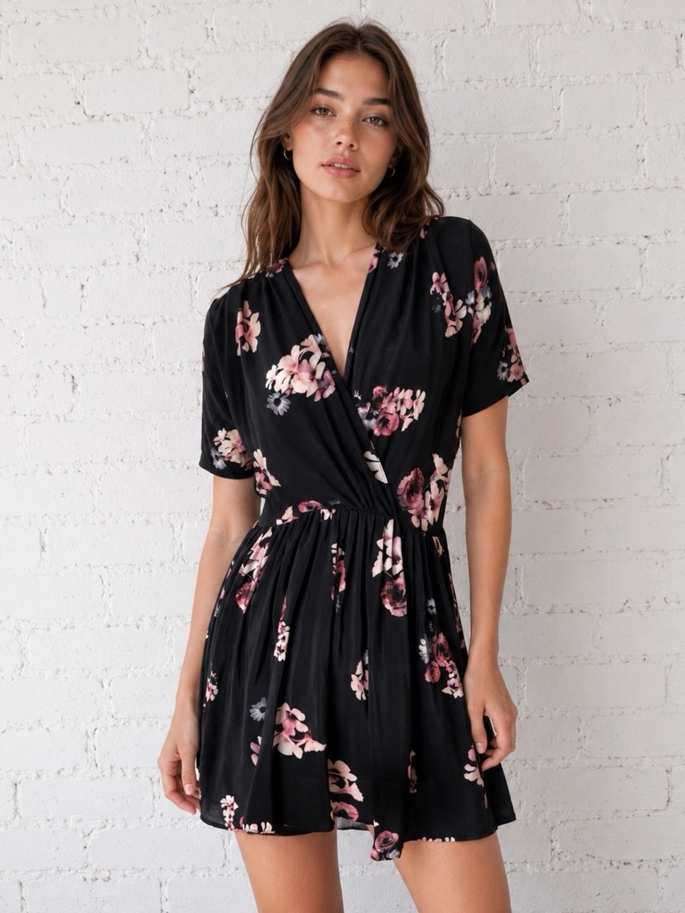 MYNE Black Floral Mini Dress Silk Wrap Style High Low Babydoll Mini Dress